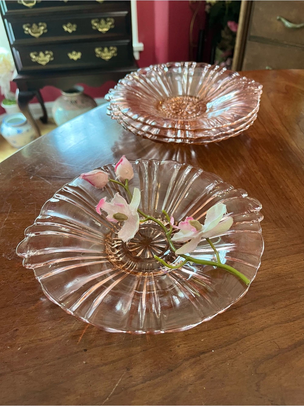 Vtg Pink 9” Depression Glass Handled Plates Set of 4 Anchor Hocking Old Cafe